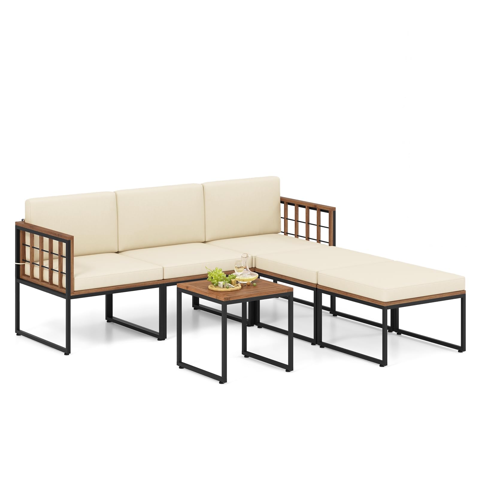 Tangkula Ensemble de mobilier de jardin en bois d'acacia 6 pièces, canapé d'angle d'extérieur Patiojoy avec coussins